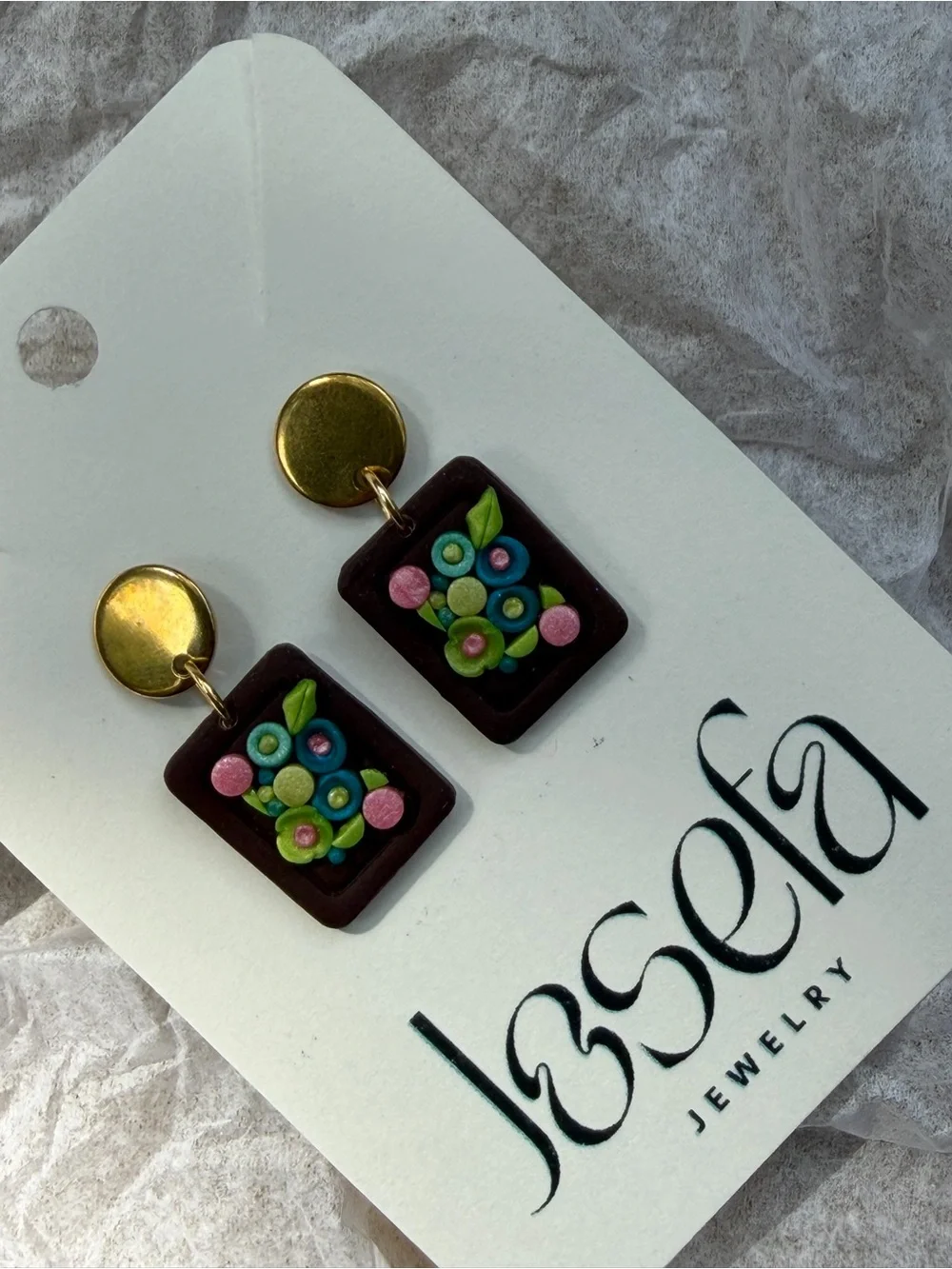 Josefa Gold & Black Floral Drop Earrings with Pink and Green Accents
